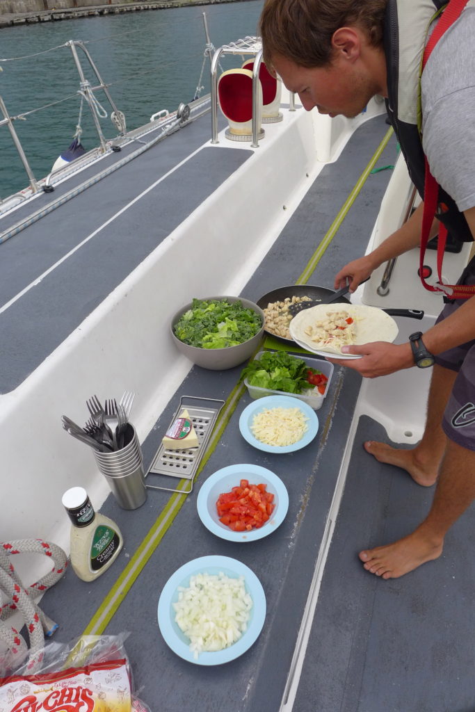 Most of the meals made on Sea Dragon are made in the Galley and eaten on deck so that the team on watch can enjoy the meal with the rest of the crew!