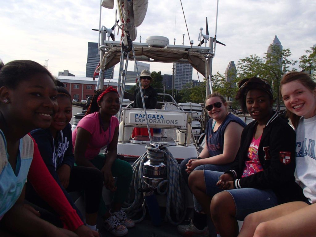The girls of Laurel School and the North Star Collaborative in the cock pit of Sea Dragon on a beautiful summer's day.